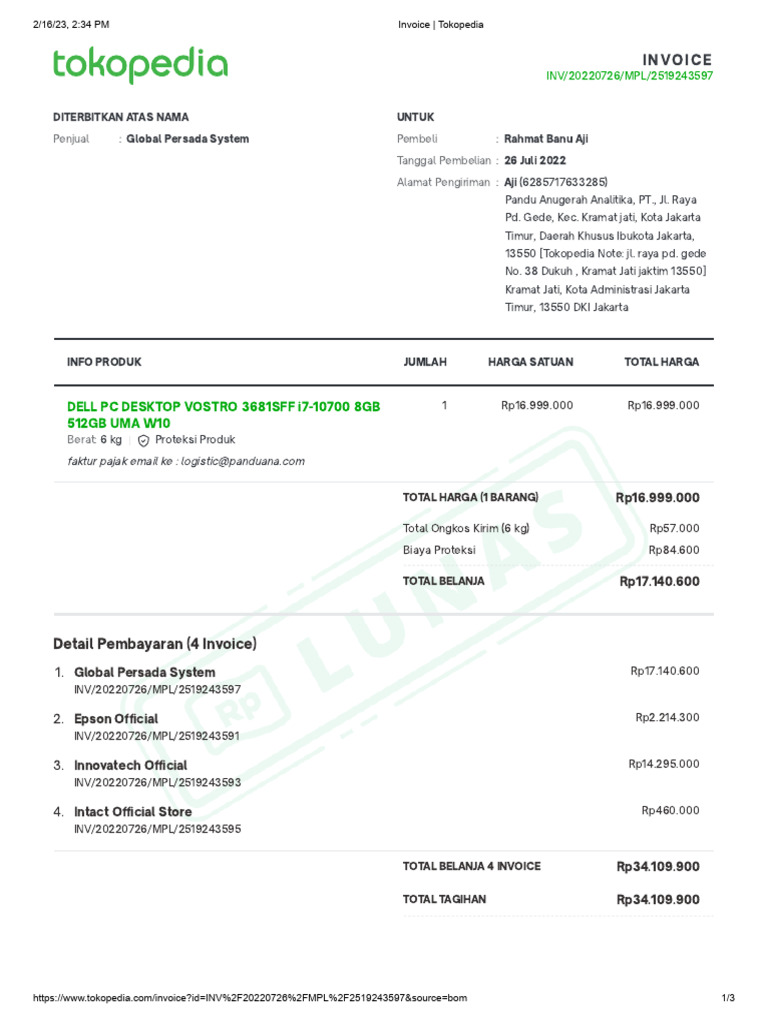 Invoice Pembelian DELL di Tokopedia | PDF