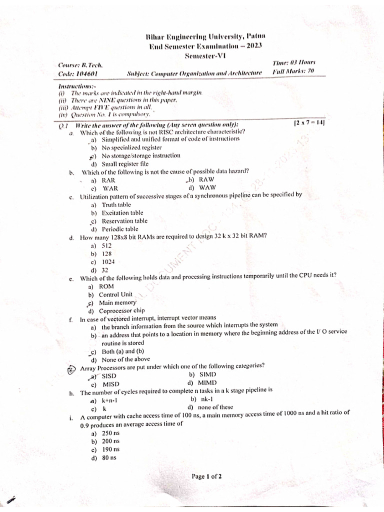 Btech Ece 6 Sem Computer Organization and Architecture 104601 2023 | PDF
