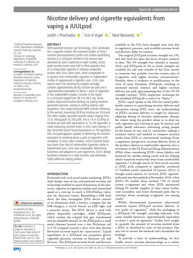 Nicotine Delivery and Cigarette Equivalents From Vaping | PDF ...