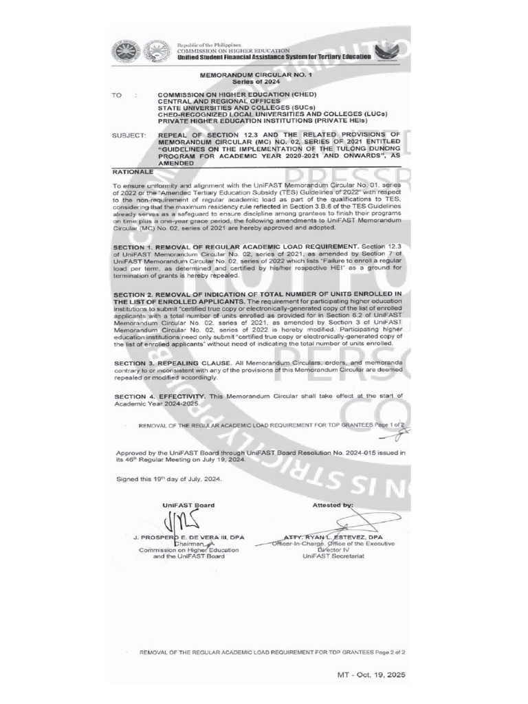 Unifast Memorandum Circular No. 1 (2024) (Mt-10.19.25) | PDF