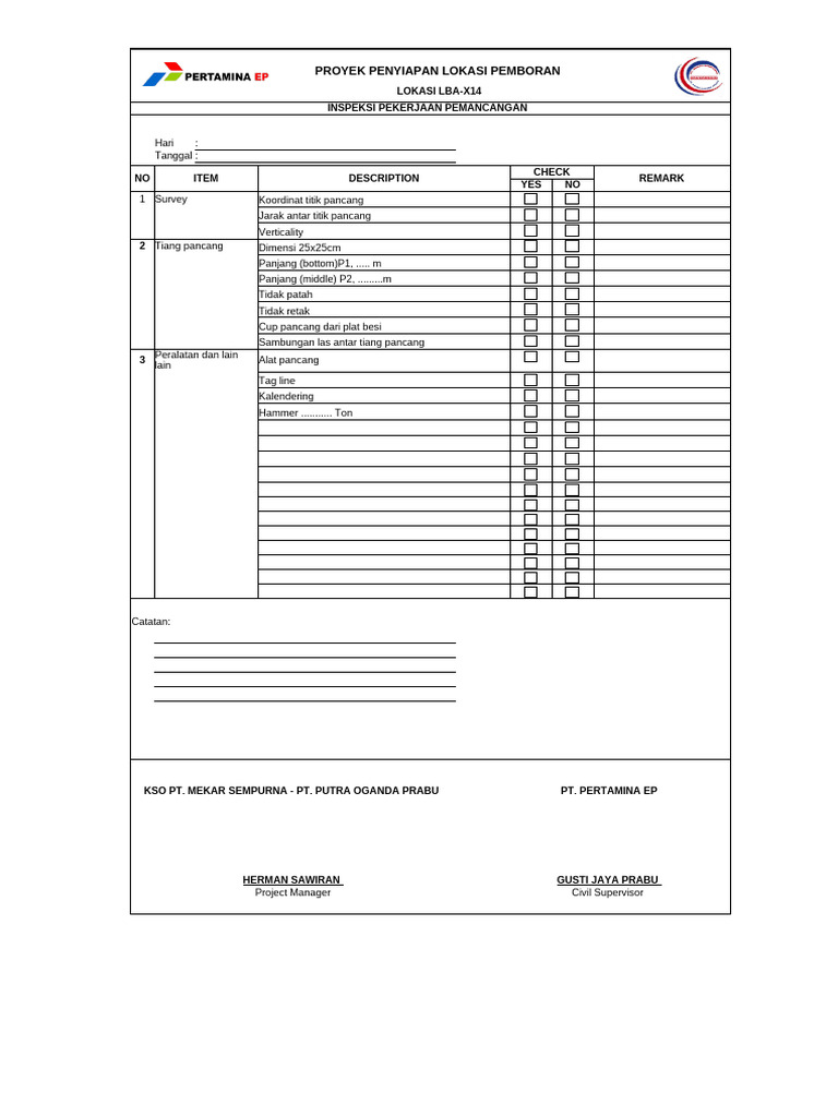 Cheklist Inspection Report Pemancangan 01 | PDF