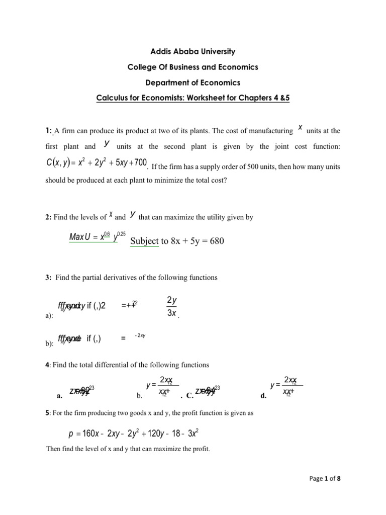 Calculus Worksheet for Economists | PDF | Integral | Economic Surplus