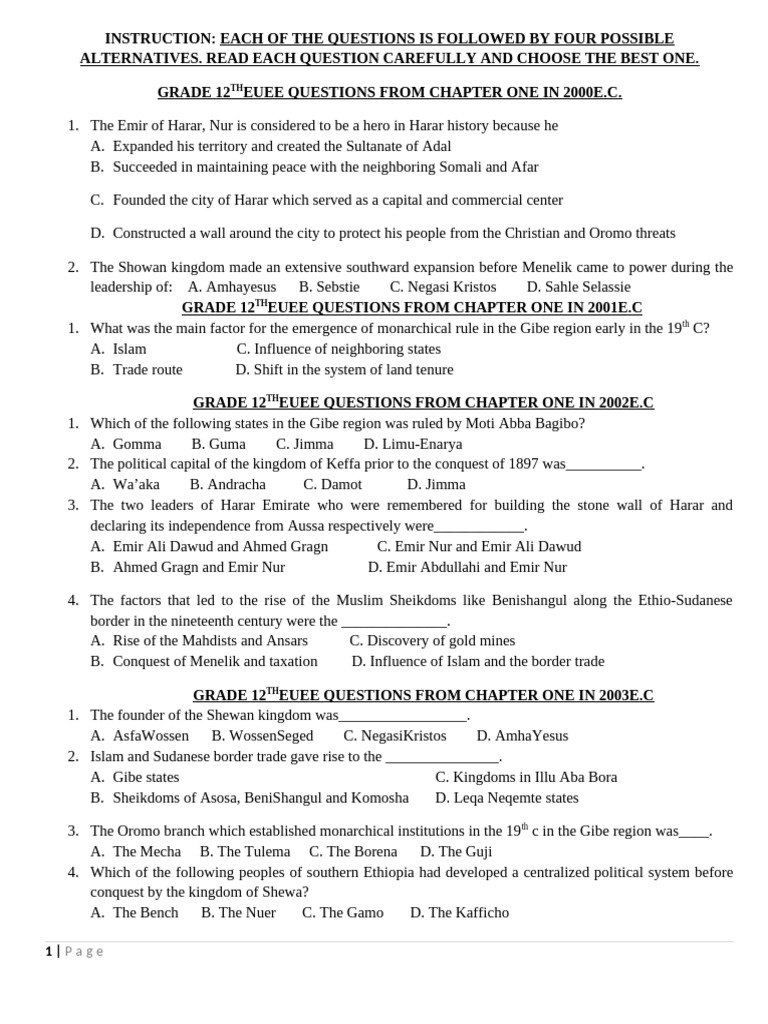 2013 E.C Grade 12th History Work Sheet | PDF | Ethiopia | German Empire