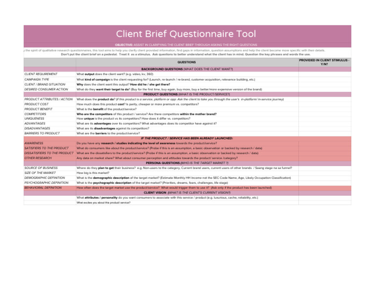 Client Brief Questionnaire Tool | PDF | Brand | Marketing