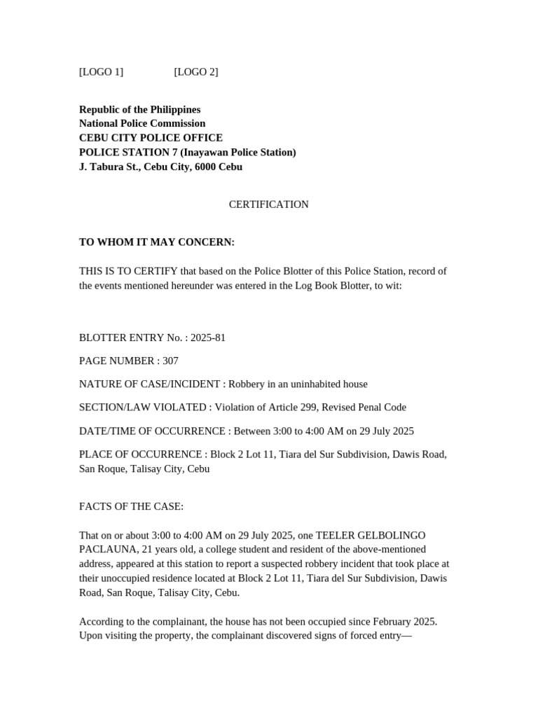 Cebu Police Blotter: Robbery Report | PDF