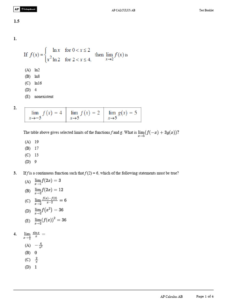 AP Calculus AB Unit 1 MCQ Review | PDF