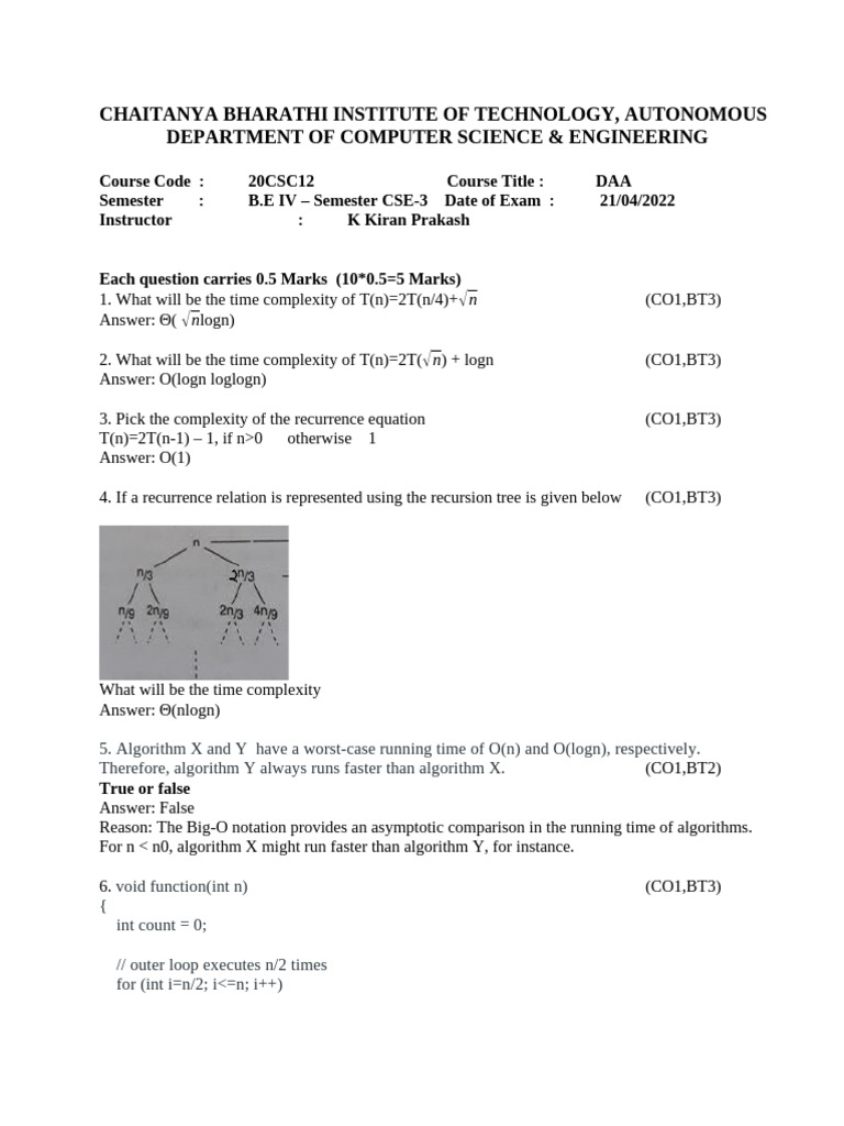 DAA Exam Questions and Answers | PDF | Time Complexity | Recurrence ...