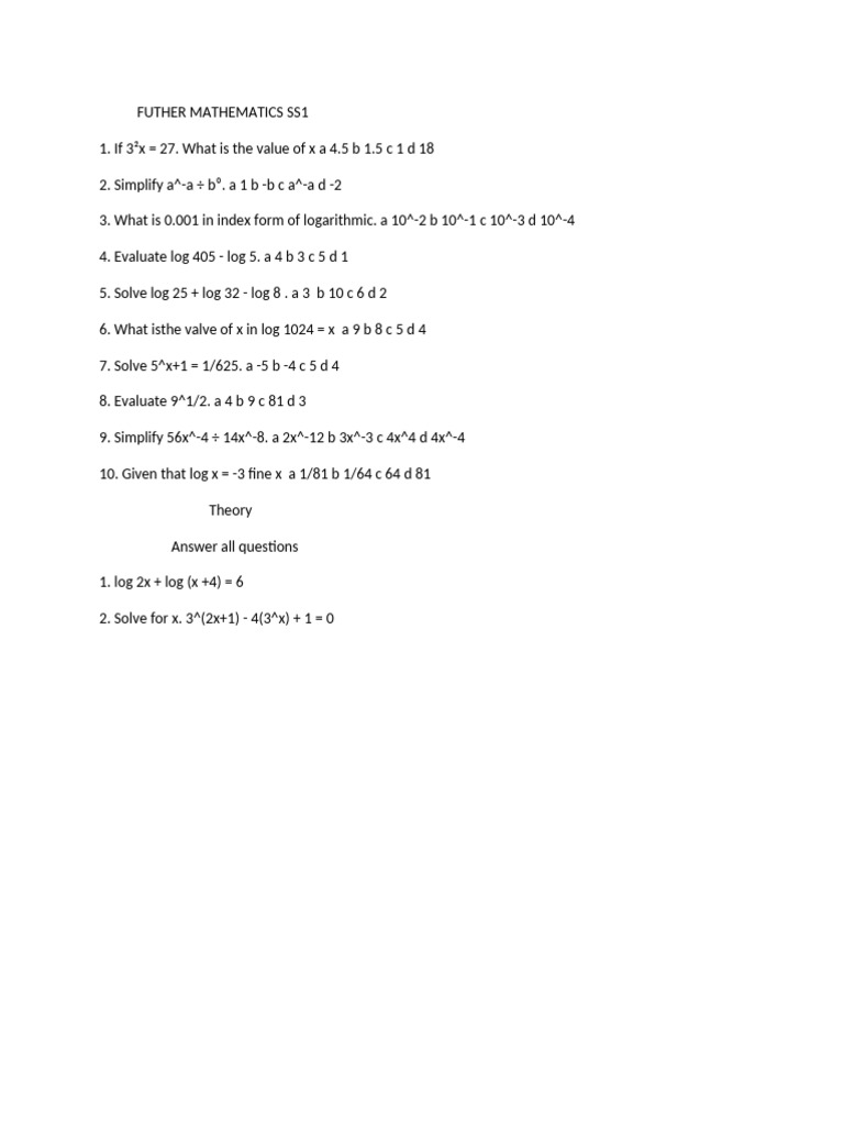 Further Mathematics SS1 Practice Questions | PDF