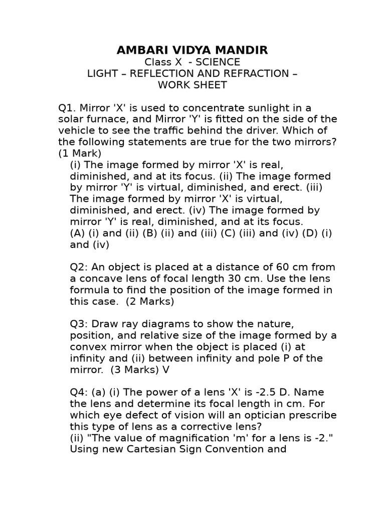 Class X Science: Light Reflection & Refraction Worksheet | PDF | Optics ...