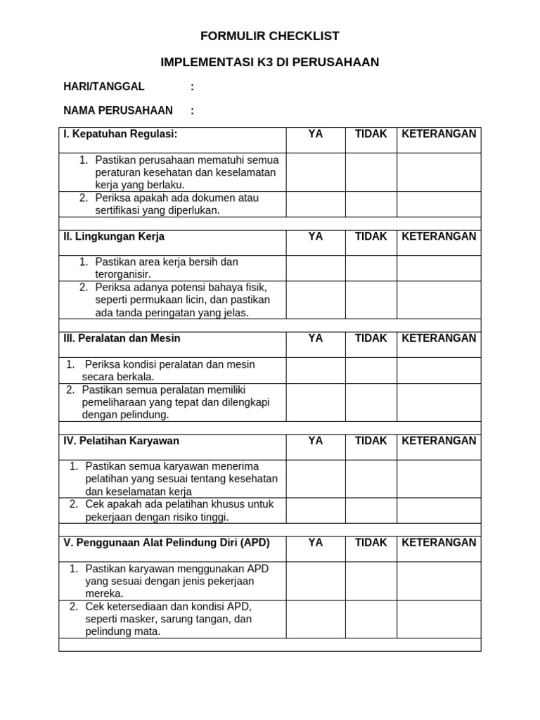 Checklist K3 untuk Perusahaan | PDF