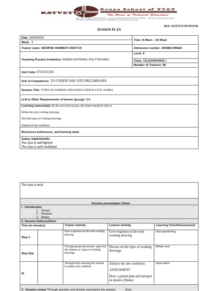 George Oketch Session Plan Corrected | PDF | Learning | Cognition