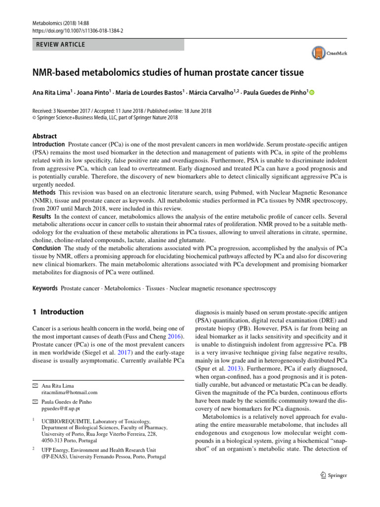 NMR Metabolomics in Prostate Cancer | PDF | Metabolomics | Prostate ...
