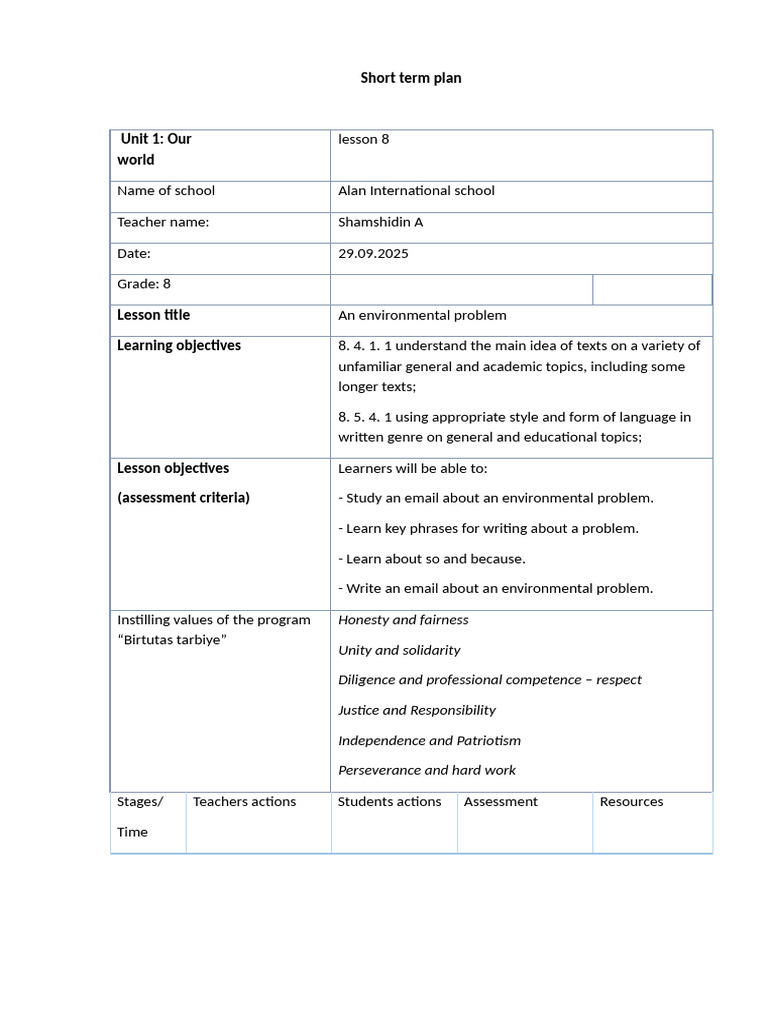 Environmental Issues Lesson Plan | PDF | Reading Comprehension | Cognition