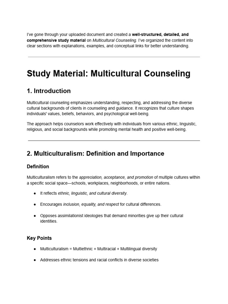 Multicultural Counseling Study Material | PDF | Psychotherapy | Well Being