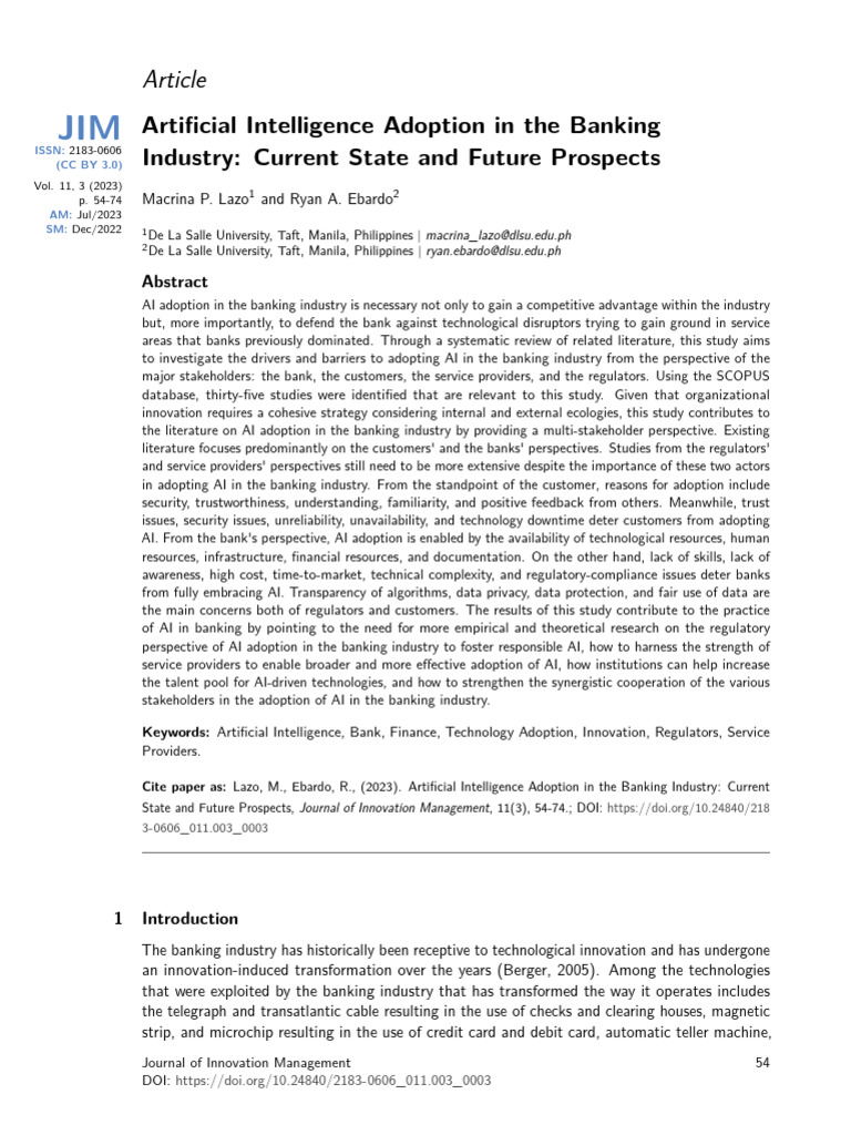 AI Adoption in Banking: Drivers & Barriers | PDF | Artificial ...