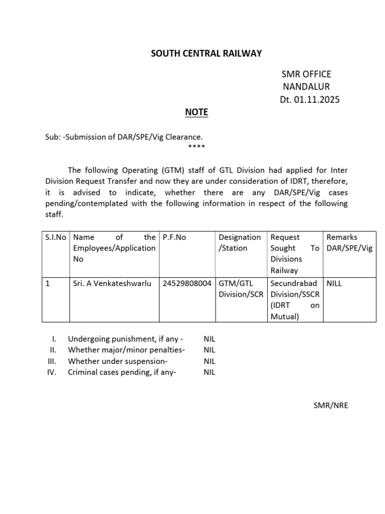 Inter Division Transfer Clearance Notice | PDF
