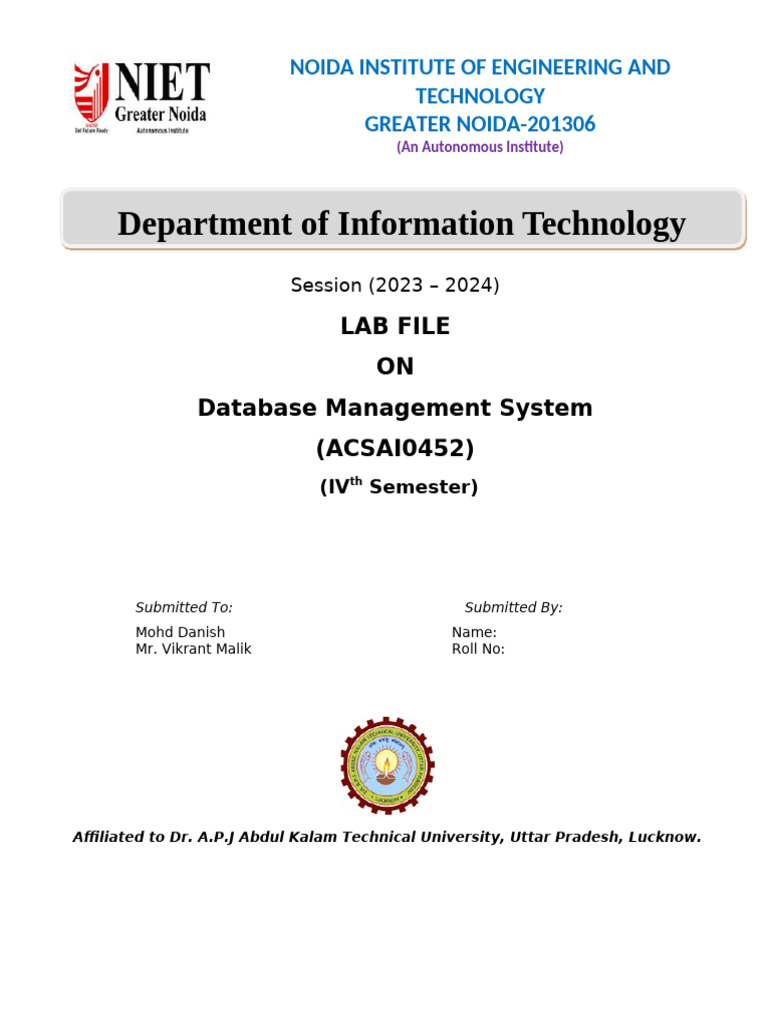 Dbms Lab File Front Page | PDF