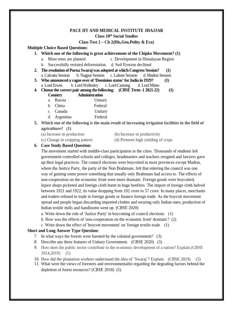 Class Test CH 2 (Geo, Eco, Polity and His) | PDF | Agriculture