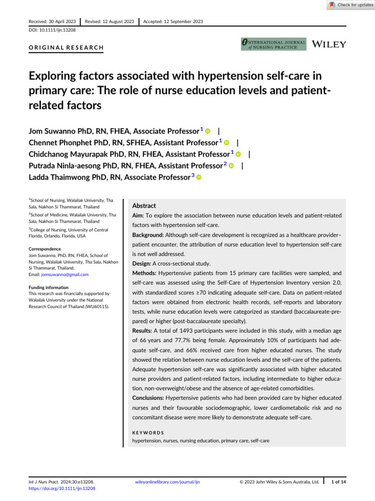 Int J of Nursing Practice - 2023 - Suwanno - Exploring Factors ...