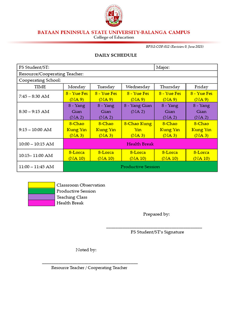 Daily Schedule for FS Student/ST | PDF