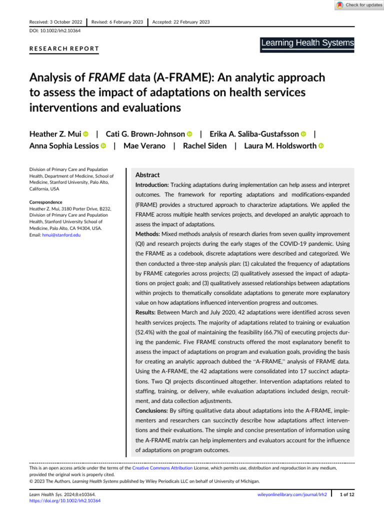 Learning Health Systems - 2023 - Mui - Analysis of FRAME data A%E2%80 ...
