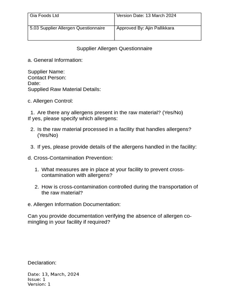 5.03 Supplier Allergen Questionnaire | PDF