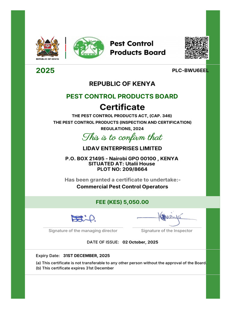 Pest Control Certification for Lidav Enterprises | PDF
