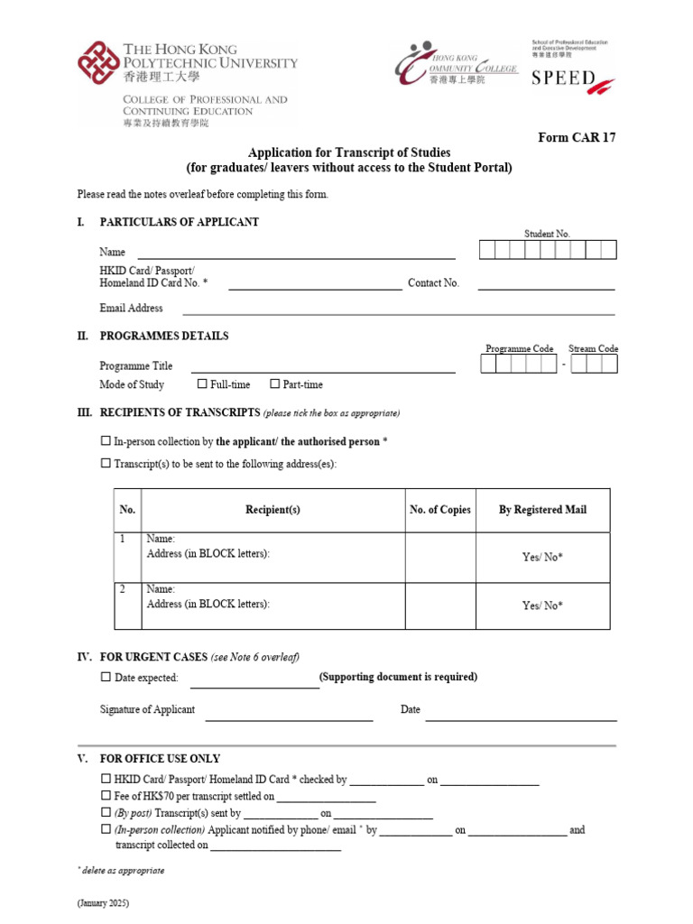 Transcript Application Form for Graduates | PDF | Identity Document