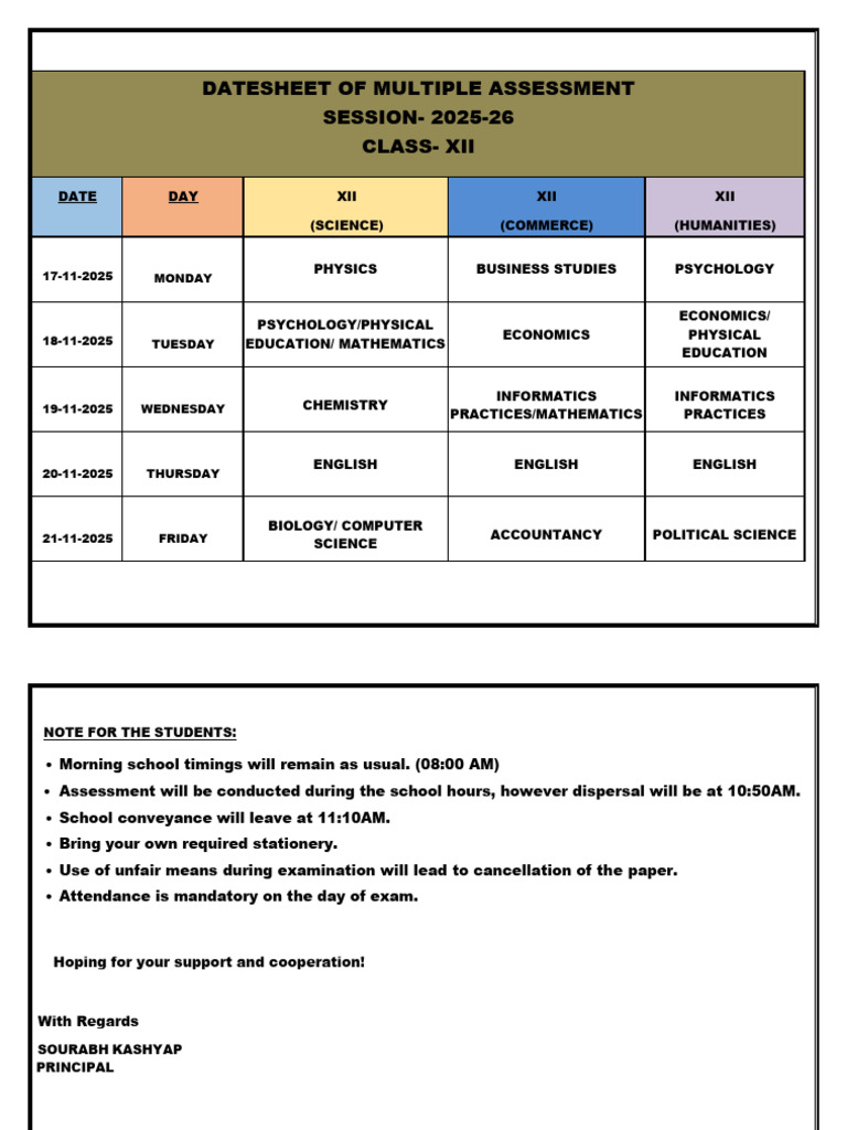Class XII Assessment Datesheet 2025-26 | PDF