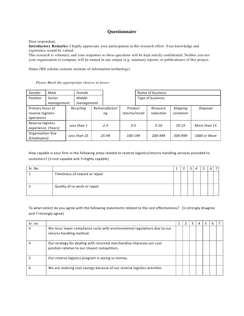 Questionnaire: Introductory Remarks: I Highly Appreciate Your ...
