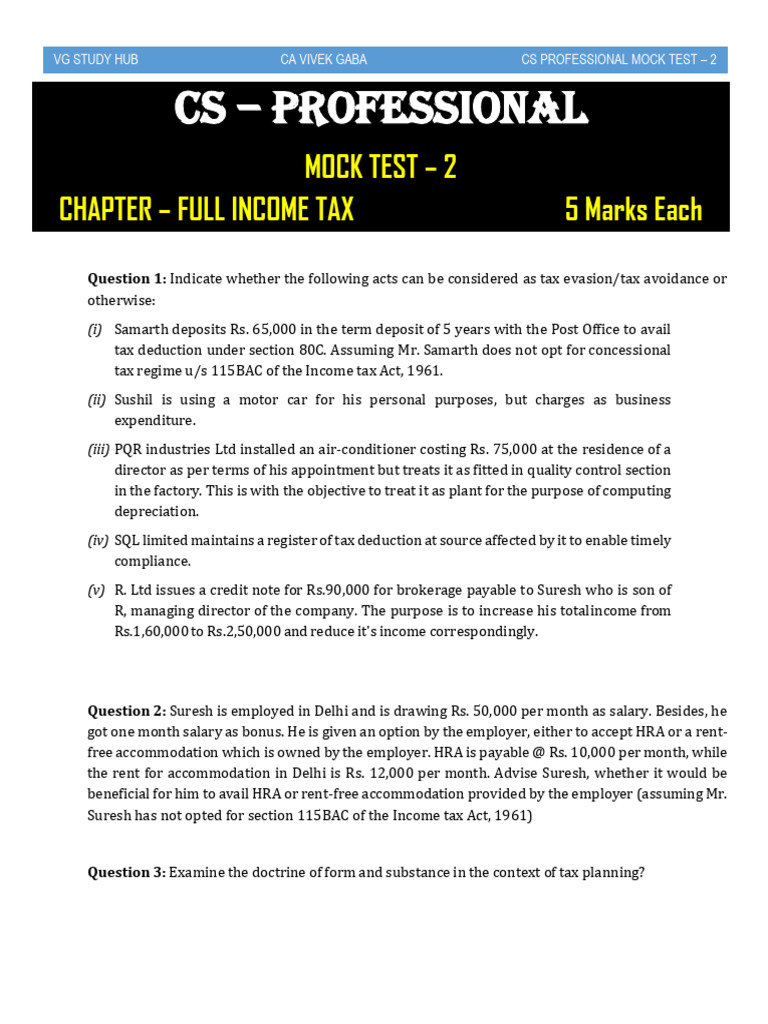 CS Professional Income Tax Mock Test 2 | PDF | Taxes | Expense