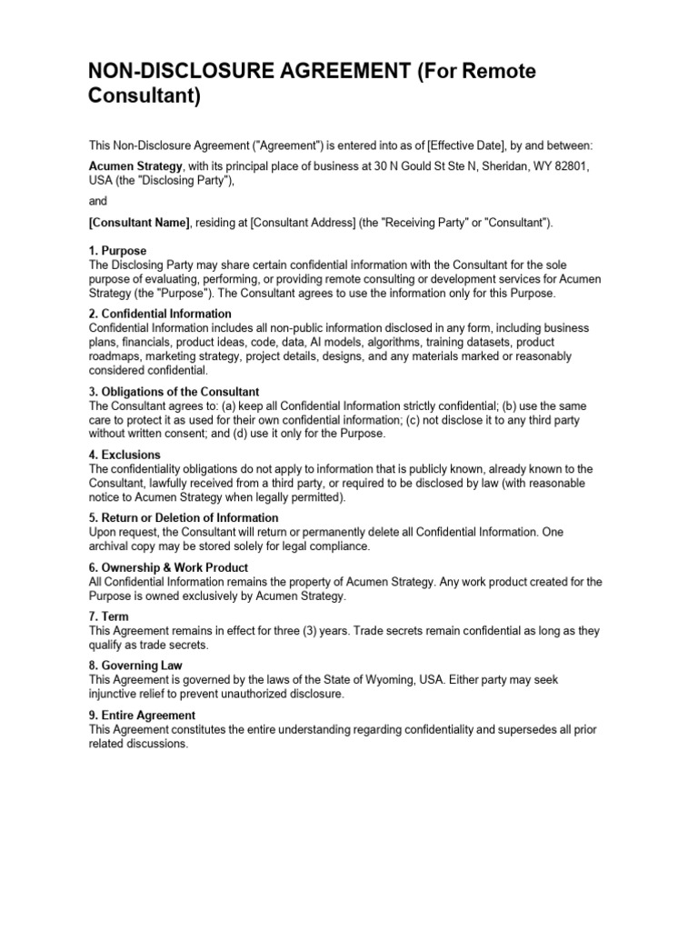 NDA for Remote Consultant Agreement | PDF | Non Disclosure Agreement ...