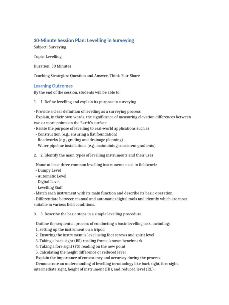 30-Minute Surveying Levelling Session Plan | PDF | Surveying