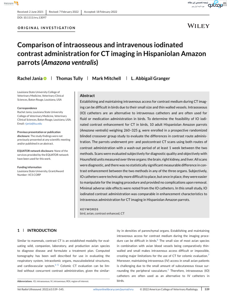 Intraosseous vs Intravenous Contrast in Parrots | PDF | Ct Scan ...
