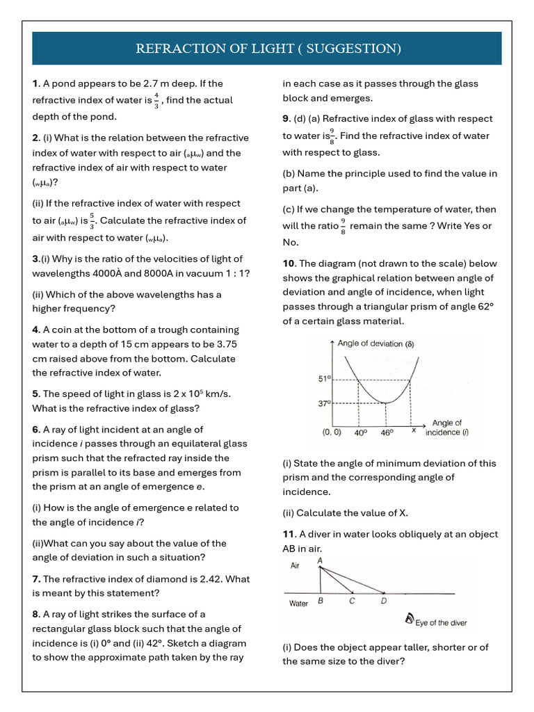 Refraction of Light: Key Concepts and Problems | PDF | Refraction ...