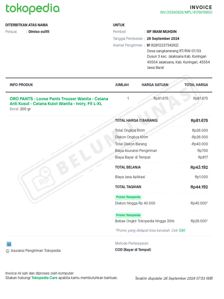 Invoice Pembelian ORO Pants Tokopedia | PDF