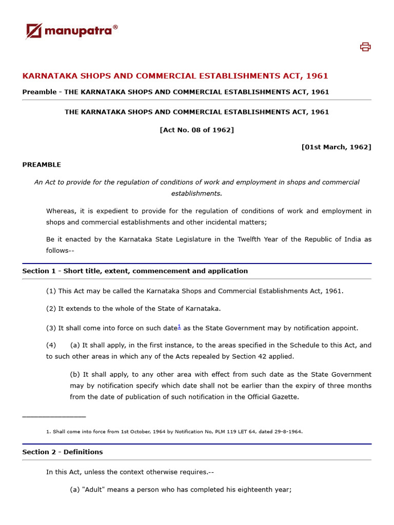 Karnataka Shops Act Overview | PDF | Employment | Overtime