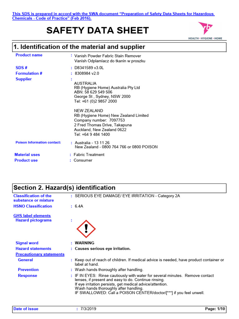 Vanish Powder Stain Remover SDS Guide | PDF | Waste | Dangerous Goods