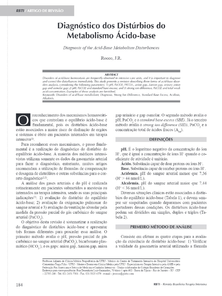 Diagnóstico Dos Distúrbios Do Metabolismo Ácido Base JR Rocco RBTI | PDF