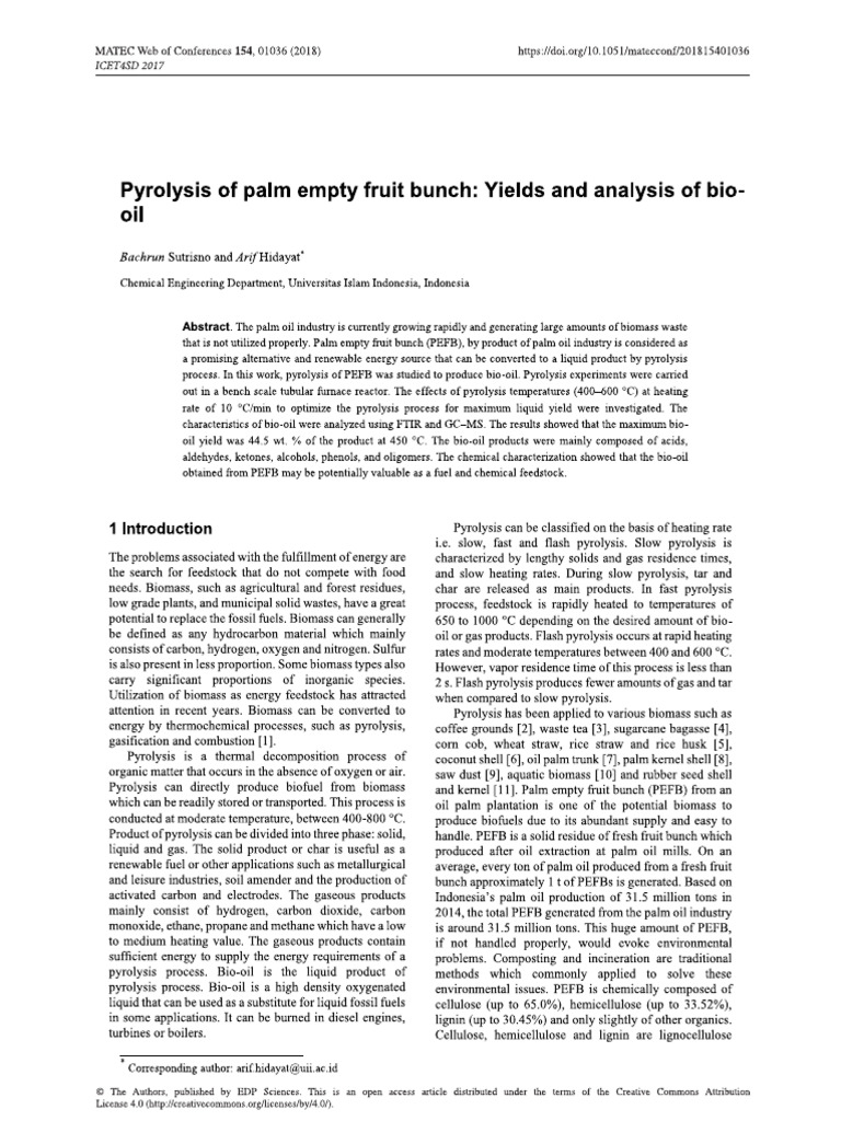 Pyrolysis of Palm Empty Fruit Bunch - Yields and Analysis of Bio-Oil ...