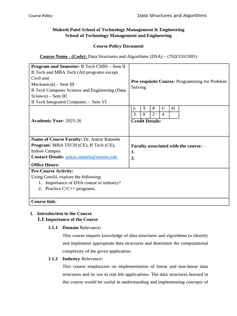 DSA Course Policy Overview 2025-26 | PDF | Engineering | Knowledge
