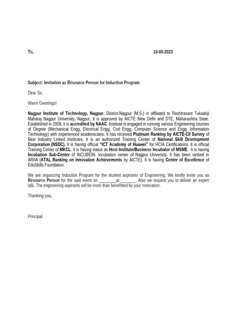Invitation for Induction Program Speaker | PDF