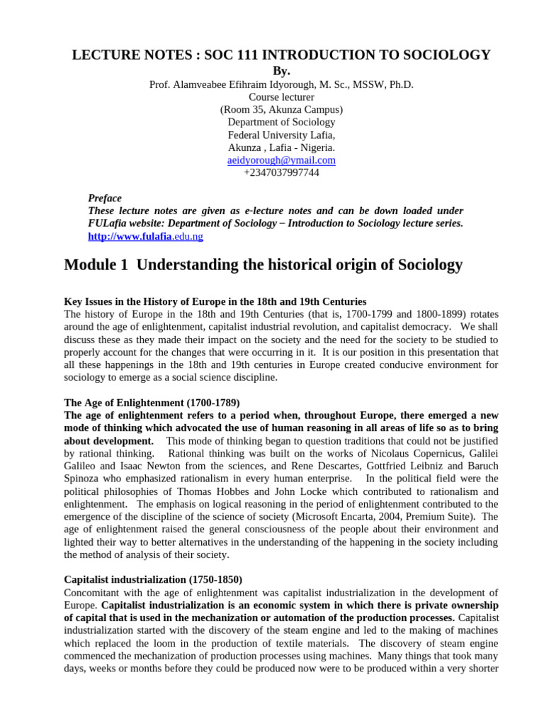 Introduction to Sociology Lecture Notes | PDF | Methodology | Sociology