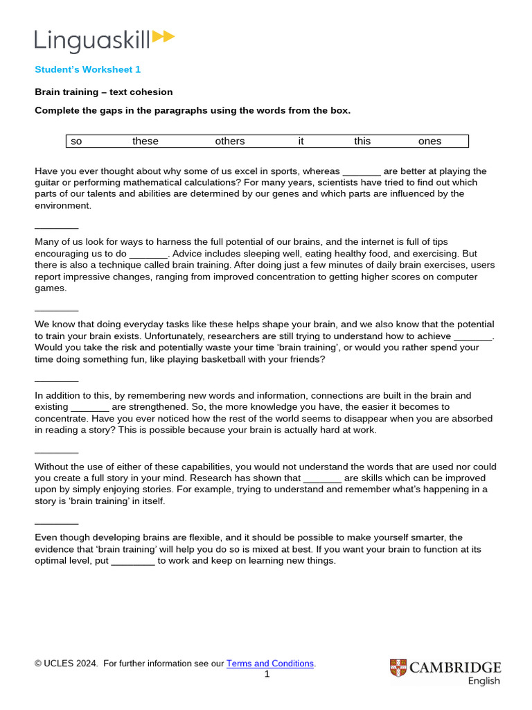 Brain Training Worksheet for Students | PDF | Brain | Mind