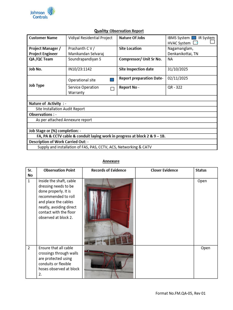Quality Observation Report for IBMS Installation | PDF