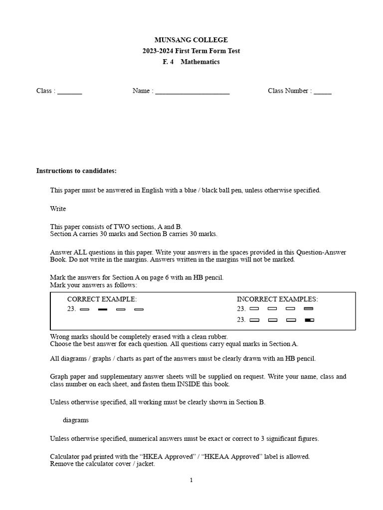 2023-24 F4 Math FT1 MS (Latest Edition) | PDF | Numbers | Vertex (Graph ...