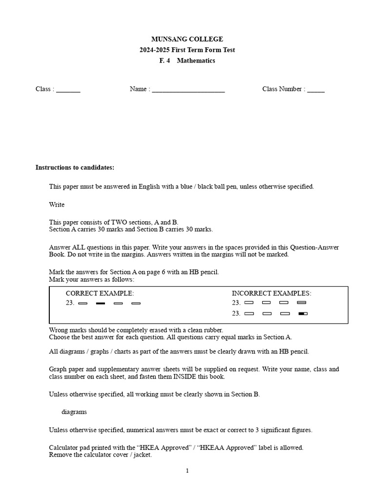 2024-25 F4 Math FT1 MS v5 | PDF | Quadratic Equation | Equations