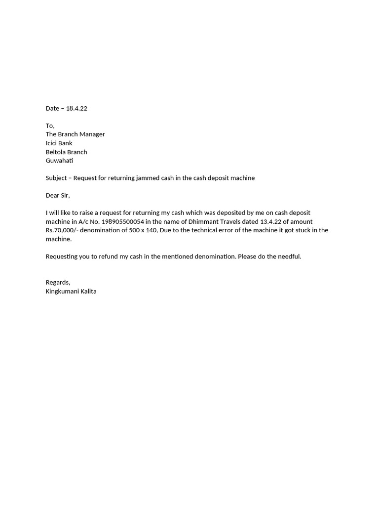 Request for Refund of Jammed Cash | PDF