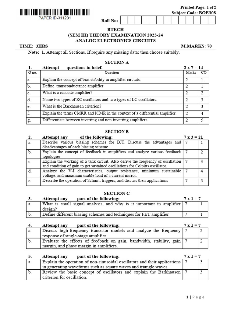 Analog Electronics Exam Paper 2023-24 | PDF | Electronic Oscillator ...