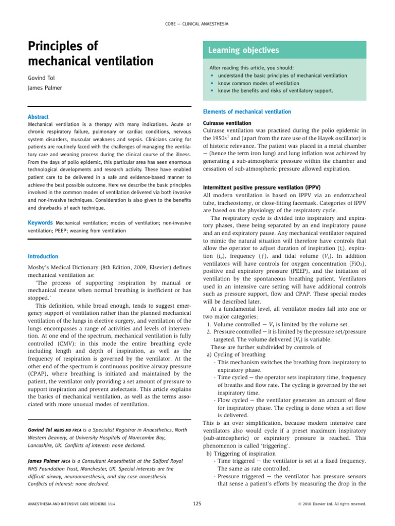 Principles of Mechanical ventilation | PDF | Clinical Medicine ...